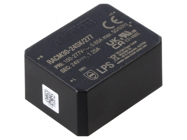 30W; 85÷305VAC; 24VDC; 1250mA; -40÷90°C; PCB; 89%; 52,5x40x25,5mm 30W; 85÷305VAC; 24VDC; 1250mA; -40÷90°C; PCB; 89%; 52,5x40x25,5mm